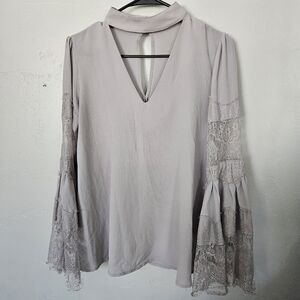 Antoinette Women's Small Grey Long Sleeve Blouse Choker V-neck Lace Bell Boho